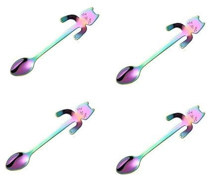 AUNANGLJSCS Teelöffel Dessertlöffel 4-teiliges Set mit Mini-Katzen-/Kätzchen-Design aus Edelstahl for Kaffee/Tee/Dessert/Getränke/Mix-/Milchshake-Löffel, Besteck-Gadgets, 4-teilig, bunt