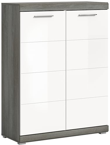 xonox.home Garderobe Scout Schuhkommode Schuhschrank Kommode Highboard Stauraumschrank in Front weiß Hochglanz Korpus rauchsilber Nb., .ca.90x120x37 cm