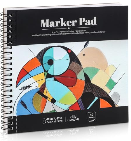 50 Sheets Marker Paper Pad, 7.6×7.6 Inch Bleedproof Art Sketch Pad, 73lb/120gsm Drawing Paper Spiral Sketch Book, Alcohol Marker Paper Painting Coloring Paper for Beginners, Artists, Gift
