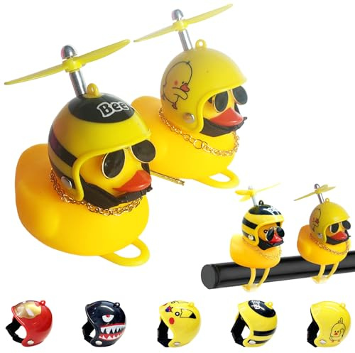 2er-Set kleine Gummienten, Fahrradklingel für Kinder, inklusive 2 gelben Enten-Fahrradzubehör für Kinder mit LED-Lichtern, 5 Helmen, 2 Propeller, Roller, Auto, Motorrad, Raumdekoration