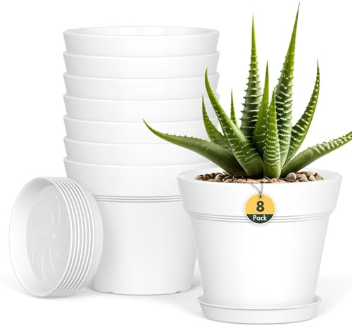Plastic Plant Pots Indoor, 8 Pack 4Inch/10CM Small Plant Pots Flower Pot with Drainage Holes and Tray,Modern Decorative Planter Pot for Succulent and All House Plants(White)