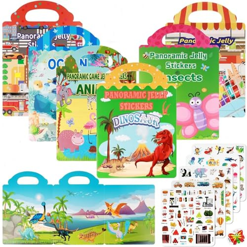 Realjoy 6 Stück Wiederverwendbare Stickerbücher für Kinder, Stickerbuch ab 2 3 4 5 6 Jahre, Wasserfeste 3D Sticker, Tragbares Reisespielzeug, Pädagogische Geschenke für Jungen und Mädchen