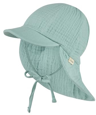 Sterntaler Schirmmütze Nackenschutz Musselin – Leichte Bio-Baumwoll-Musselin Mütze mit Sonnenschutz, Bindeband und weichem Futter, UV-Schutz 50+ – Helltürkis, Größe 49