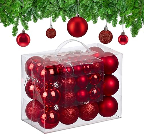 Relaxdays Weihnachtskugeln im 50er Set, Kunststoff, glitzernde, Matte, glänzende Baumkugeln, Christbaumschmuck, rot