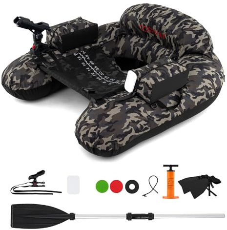 COSTWAY Bateau de Pêche Gonflable avec Porte-Canne à Pêche Réglable, Canot de Pêche Pneumatique avec Support d’Hameçon Pagaie en Aluminium Palmes Pompe Poches, Charge 150 kg (Camouflage)