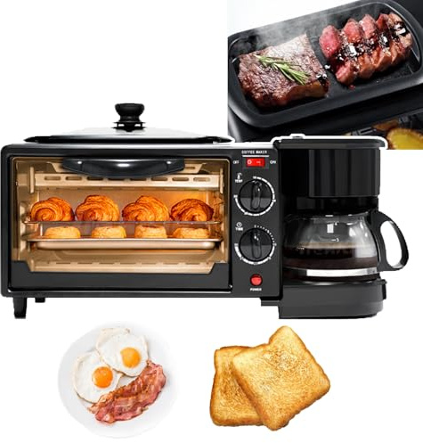 Stazione per la colazione 3 in 1, macchina per la colazione portatile, con padella antiaderente + macchina per il caffè da 400 ml, controllo della temperatura 100-230 °C + temporizzazione di 30 minu