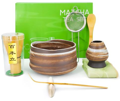 Lumanothy Matcha Set, 8-teiliges Matcha Besen Set mit Matcha Schale, Bambus Matcha Whisk, Besenhalter, Sieb, Löffel, Löffelhalter, Teelöffel, Teematte, Matcha-Kit für Matcha-Liebhaber (Braun)