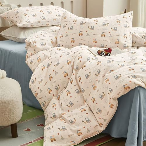 AShanlan Kinderbettwäsche 140x200 Baumwolle Musselin Kinder Bettwäsche Set | Bettbezug 140x200 cm und Kissenbezug 70x90 cm, Oeko-TEX zertifizierte, für Jungen, Bagger Motiv, Reißverschluss