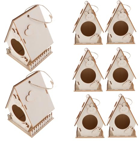 FRCOLOR 8 Piezas Kit Casas de Pájaros de Madera sin Pintar para Manualidades DIY para Pintar y Colgantes Resistentes para Interior y Exterior Actividad Artística