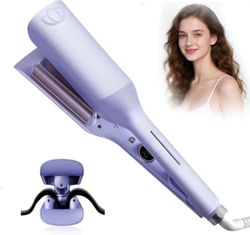 32mm Welleneisen Lockenstab für Haare,Lockenstab Große Locken mit 9 Temperaturen LED-Anzeige,Beach Waves Lockenstabe Hitzeschutz, beachwaves lockengerät für Lange kurze Haare (2-Lila)