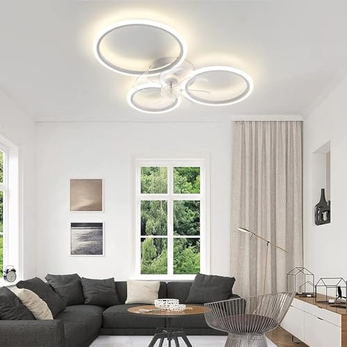 Luyaim 3 Cerchi Design Ventilatore Da Soffitto Con Luce E Telecomando LED Dimmerabile Plafoniera Con Ventilatore Reversibile Silenzioso Motore DC 6 Velocità Per Soggiorno Cameretta-White