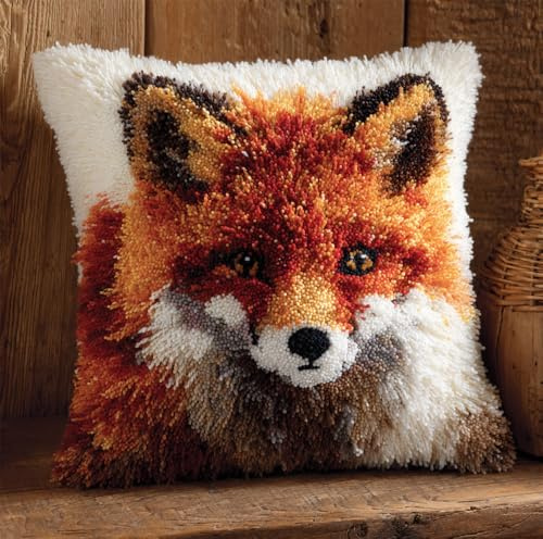 RKFLGEW Latch Hook Kits Pillow Fox Crochet Yarn Cushion Colour Pre-Printed Canvas Rug Needlework DIY Pillowcase Hook and Latch Kit Christmas Home Arts Crafts Sofa Decoration 43X43Cm/17 X17Inch