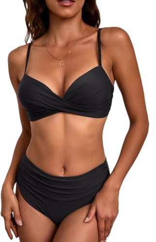 XAGMODSHN Conjunto de traje de baño retro para mujer, parte superior de tankini de cintura alta, parte superior plisada, diseño dividido, conjunto de tankini de cintura alta para mujer
