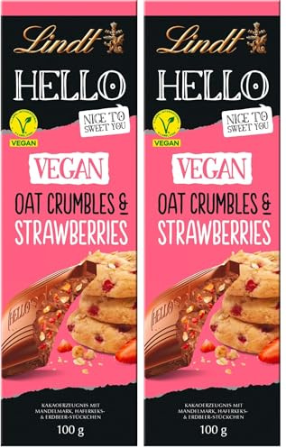 Lindt Schokolade | HELLO Tafel Vegan Oat Crumble & Strawberries | 100g | vegan Schokolade mit Haferkeks und Erdbeerstückchen | vegane Schokoladen-Tafel (Packung mit 2)
