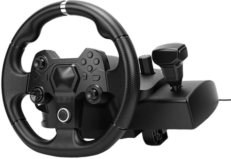 Yechiry 11-Zoll-Gaming-Lenkrad, 270-Grad-Drehung mit 7-stufig Einstellbarer Empfindlichkeit und Zwei Joysticks, mit Programmierbaren Pedalen und G-Klemme, für PC