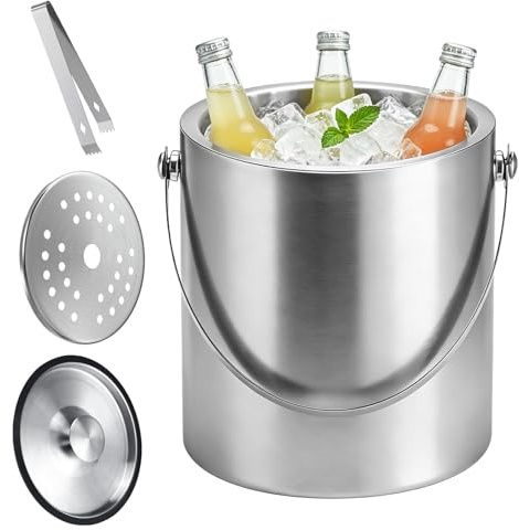 Eiswürfelbehälter mit Deckel, Sieb und Zange, Edelstahl Eiskübel Doppelwandiger Isolierter Eisbehälter für Eiswürfel, Tragbar Eiskühler Ideal zum Kühlen von Bier Champagner Wein und Obst (4L)