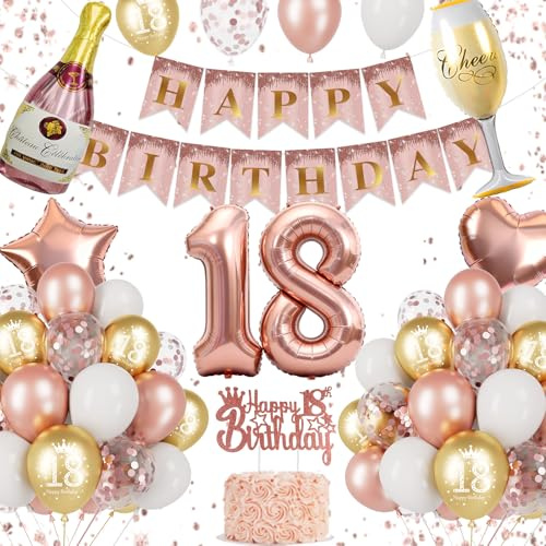 Decorazioni 18 Compleanno Ragazza Rose Gold, Palloncini 18 Anni Compleanno, Numero 18, Bottiglia Champagne, Calice, Cuore e Stella Foil, Festone Happy Birthday, Cake Topper, 18 Anni Accessori Festa