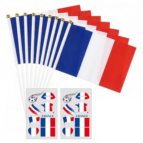 12 Pcs Kit Supporter France - 10 Petit Drapeau Francais avec Mat (14x21cm) et 2 Tatouages Temporaires Visage - Mini Drapeau Français pour Football, Matchs Sportifs et Fête Nationale