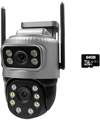 DRAUXI Caméra IP 4G avec Carte SIM, Double Objectif, étanche, Surveillance extérieure, Vision Nocturne, vidéosurveillance à Domicile, Protection de sécurité pour entrepôt Commercial(Camera 64G Card)