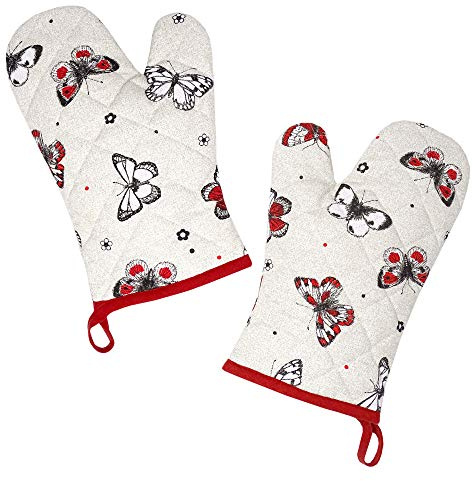 Lashuma Gants de Four 30x20 cm, Gants de Cuisine Beige et Rouge, Gants de Cuisson série: Cuisine décorative avec Papillons