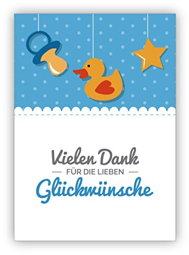 Kartenkaufrausch 5x Süße, hellblaue Dankeskarte zur Geburt eine Babys mit Ente und Schnuller: Vielen Dank für die lieben Glückwünsche - Danksagungs Karte für Glückwünsche zum Baby mit Umschlag