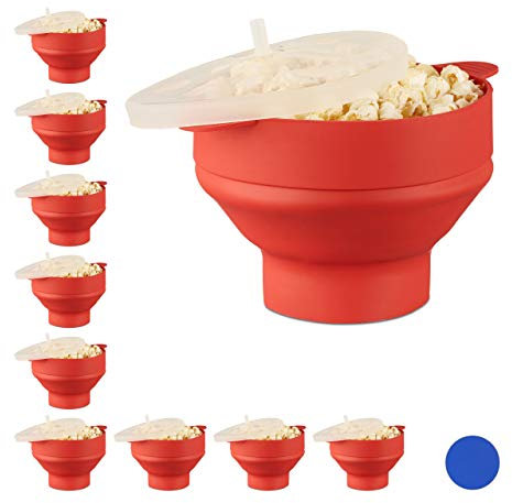Relaxdays Set of 10 Silicone Microwave Popcorn Maker, Collapsible Popcorn Popper, No Oil, Red