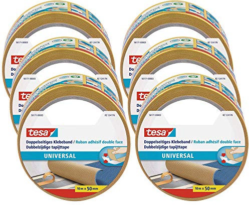 tesa Doppelseitiges Klebeband Universal im 6er Pack - Vielseitiges Klebeband für Verpackungen, Deko und Teppiche oder zum Basteln - 6 Rollen je 10 m