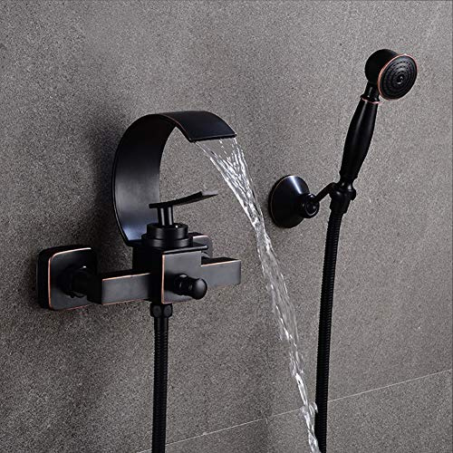 Wasserfall Badewannenarmatur Mit Handbrause - Retro Wandhalterung Schwarz Messing Einhebel Wannenarmatur Dusche Set