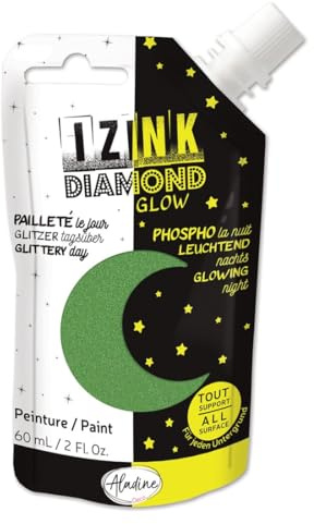 Aladine - Izink Diamond Glow – Glitzerfarbe am Tag, phosphoreszierend bei Nacht – sehr deckend, für jeden Untergrund – DIY und kreative Freizeit – weiche Trinkflasche 60 ml – Grün