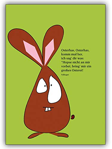 10 Osterkarten: Lustige illustrierte Osterhasen Osterkarte in grasgrün mit Spruch • tolle Grusskarten Set mit Umschlägen in Premium Qualität