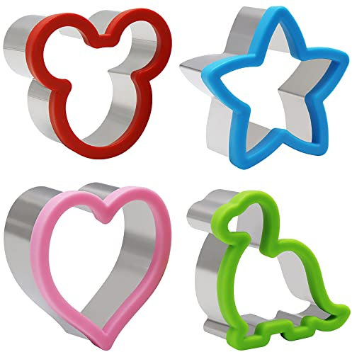 4 Piezas Cortadores de Galletas, Moldes Galletas Acero Inoxidable, Cortadores de Sándwich, Moldes Reposteria, Dinosaurio Corazón Estrella Mickey, Cortador de Frutas para Niños Cumpleaños