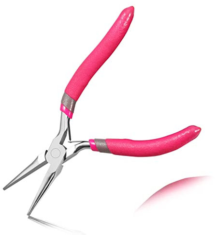 LEONTOOL Alicates de punta de aguja de 5 pulgadas para hacer joyas, alicates de punta de aguja larga con resorte de doble hoja y asas de agarre de flexión cómodas para doblar alambre, agarrar objetos