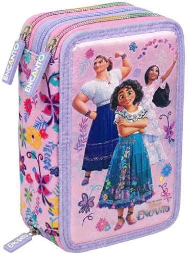 Julian Ross Mädchen 3-Fach Federmäppchen für Encanto-Fans – 44-teilig, komplett gefüllt – mit Schere, Lineal, Buntstiften – Rosa & Lila – Ideal für Schule & als Geschenk