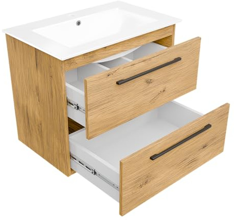 Waschbecken mit Unterschrank 60 cm Breit Girona, Waschbeckenunterschrank Hängend mit Schubladen, Waschtischunterschrank, Waschbeckenunterschrank Holz (Lancelot-Eiche) - Keramik Waschtisch