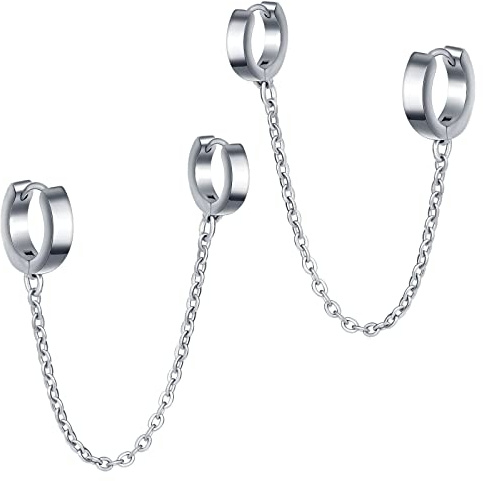 MicVivien Homme Femme Boucles d'oreilles à double anneau avec chaîne, Petites Boucles D'oreilles Huggie Créoles Ear Cuff Chaîne Acier Inoxydable
