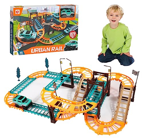 Rennstrecken Spielzeug Set Baufahrzeuge, 49 Stück Elektrische Cars Autorennbahn mit Rennbahn, Flexible Trains Tracks Bahngleise Spiele, Geburtstag Geschenke für Kinder ab 3 4 5 6 Jahren Junge Mädchen