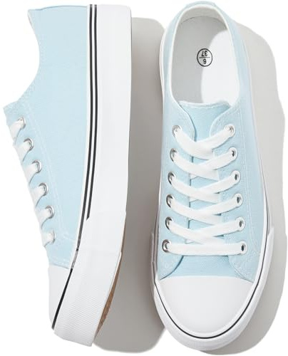 FRACORA Womens White Canvas Sneakers Black Tennis Shoes(Light Blue,US9.5)
