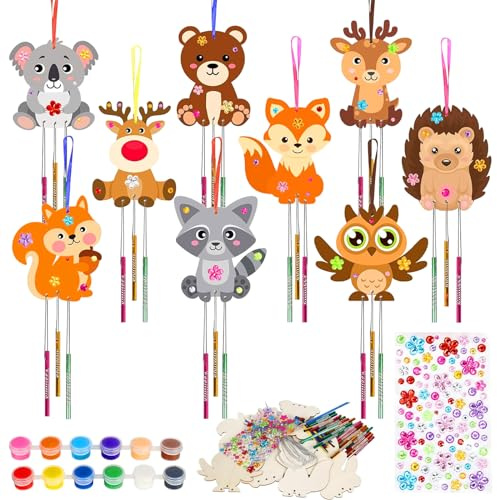 PIWOSGOL Tiere Windspiel Bastelset Kinder, 9 Stück Holz Basteln Igel Eule Fuchs, Klangspiel Bemalen Handwerk, Tiere Kreativ Bastelhandwerk, DIY Spielzeug Geschenk für Geburtstagsparty 3-12 Jahre