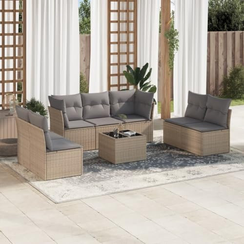 ULUYYUC 8-TLG. Garten-Sofagarnitur, Gartenstühle Küchensofa Eckbank Ecksofa Geeignet für Außenbereich Balkon Garten Hinterhof mit Kissen Beige Poly Rattan