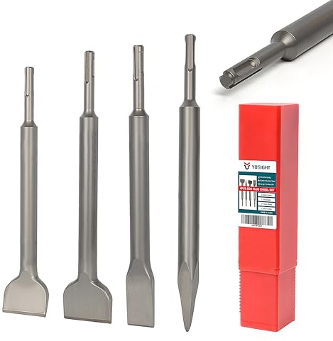 YOSIGHT 4-teiliges SDS-Plus-Rotary-Hammer-Meißelset - 10 Zoll lange Karbidmeißel (Spitzenmeißel, 1 Zoll breiter Flachmeißel, 2 Zoll breiter Flachmeißel und 2 Zoll breiter gebogener Meißel)