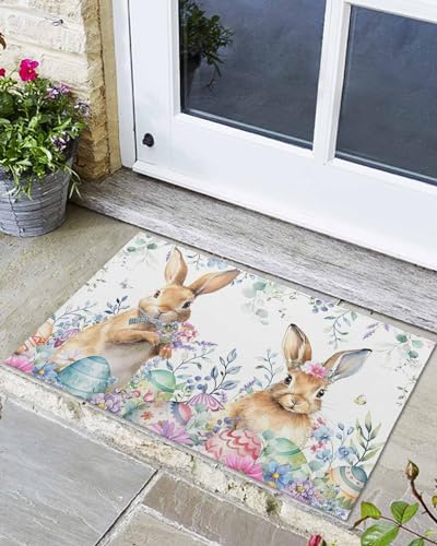 Fußmatte Ostern Osterhase Eier Frühling Pflanze Blumen Und Blatt Weiß Badteppich rutschfest Duschvorleger Weiche Badezimmerteppich Für Schlafzimmer Toilette Haustür 40x60cm