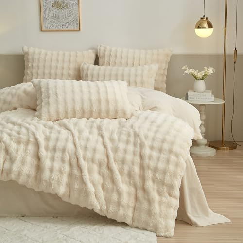 DXHOME Biancheria da letto in peluche, 135 x 200 cm, colore: crema e bianco, in pelliccia di coniglio, soffice biancheria da letto invernale, morbida, reversibile, con chiusura lampo e 1 federa da 80