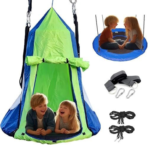 40 Hanging Tent Saucer Swing - 2 in 1 Kids Detachable Hanging Chair Swing Tent Set,Hammock Nest Pod Swing Seat for Boys/Girls,Children Outdoor Indoor Play House with Tent,Max Capacity 330 LBS (Blue)
