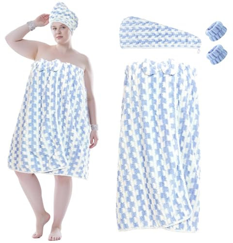 Defresit Plus Size Women's Towel Wrap - Blue Stripe Spa Shower Bath Ensemble of 4: Microfiber Body Wrap, Hair Towel, Wristbands