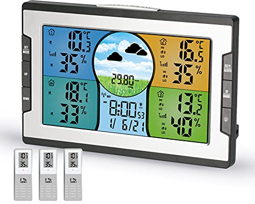 Digital Multifunctional Clock RF 4 Channels Indoor & Outdoor Temperature & Humidity Indicator with Warning Meteorological Station Weather Forecast Pressure Large Color Display with Backlight with