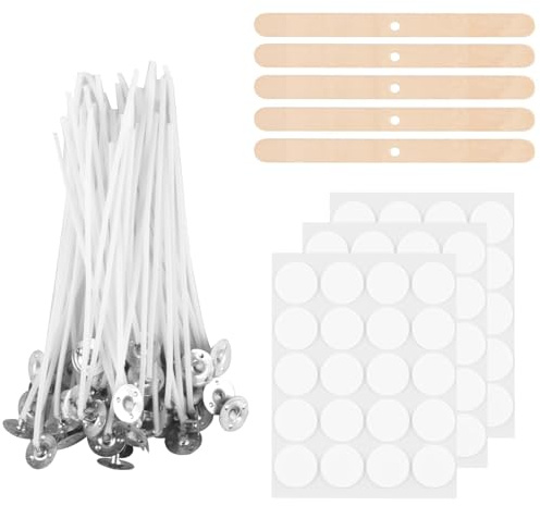 HuangXinyu Stoppini per Candele, 100 Pezzi di stoppini per Candele, stoppini Naturali da 5 cm con Porta stoppino in Legno e Adesivi bifacciali per stoppini, per la Fabbricazione di Candele