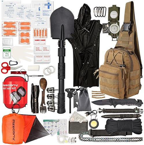 Emergency Survival Kit with First Aid Gears and Supplies - EDC Go Bugout Bag - Get Home Backpack for Camping Outdoor - Tactical Military Molle Pouch Grade - Gift for Man Woman (Army Tan)