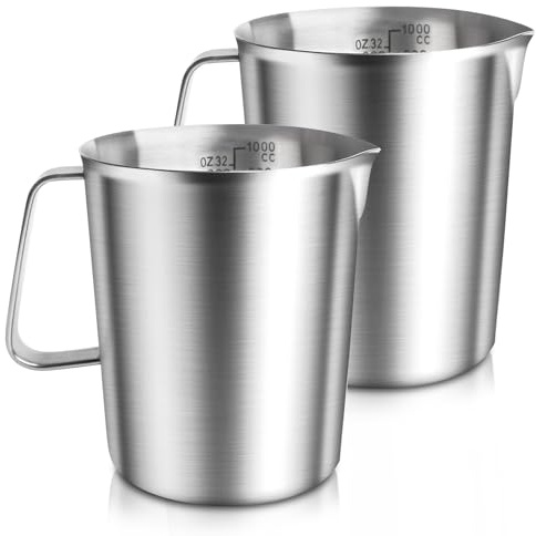 Messbecher 1L Edelstahl, 2er Set Milchkännchen Edelstahl mit Griff und Markierung, Messbecher 1L Spülmaschinengeeignet, Milchkanne Lebensmittelecht
