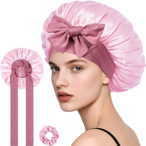 Loomify Satin Sovmössa, Justerbar Sidenmössa för Hårvård, Dubbelsidig Satängbonnet med Scrunchie för Kvinnor (Rosa/Stoftrosa)
