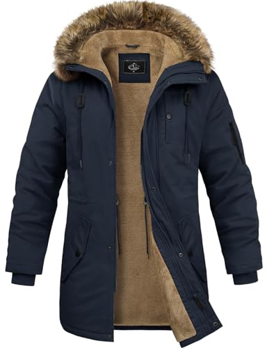 Lonya Men's Jacket Thermal Winter Parka Fleece Lined Coats Windproof Thick Fluff Lining Cotton Padded Coat with Faux Hood 5 Pockets, Navy Blue, XXL